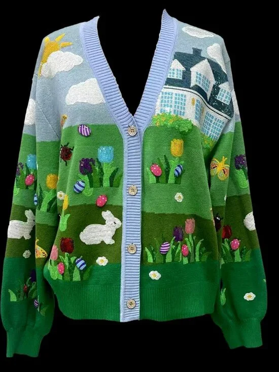 NWT Queen of Sparkles Multi Easter Bunnies & Eggs in Yard Scene Button Up Cardig - Picture 5 of 6